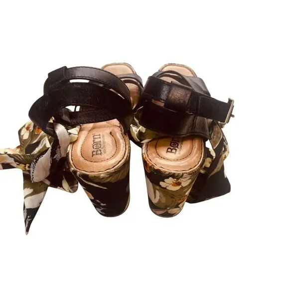 BORN Salton Wedge Sandal Black Leather Fabric Covered Heel - Picture 10 of 13